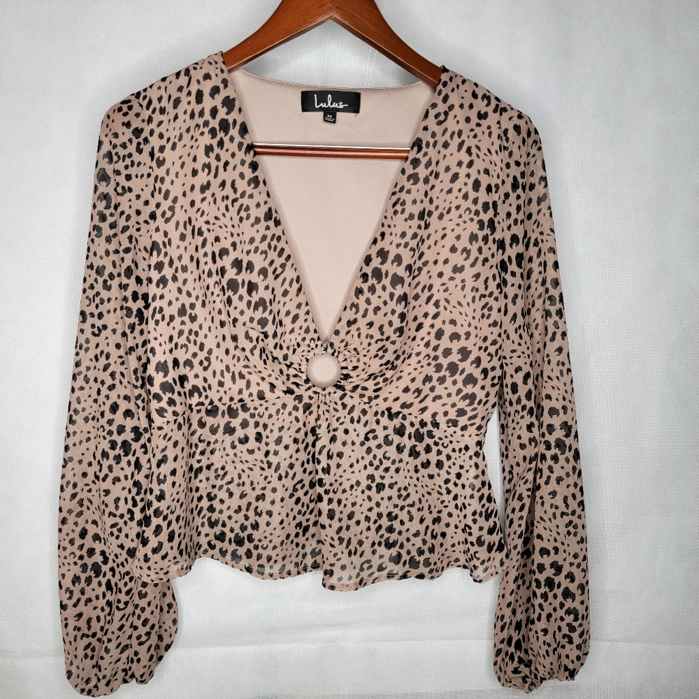 Lulus Leopard Print Blouse Beige Black Deep V Neck Peplum Balloon Sleeve M